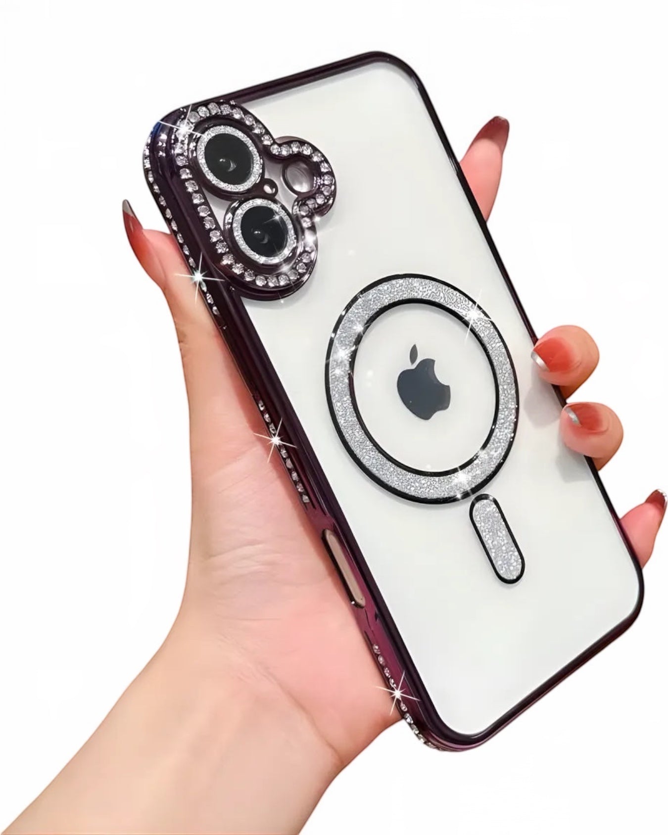 Funda transparente Accesorios DLS con diamantes para iPhone 16, aro MagSafe y protector de cámara brillante.
