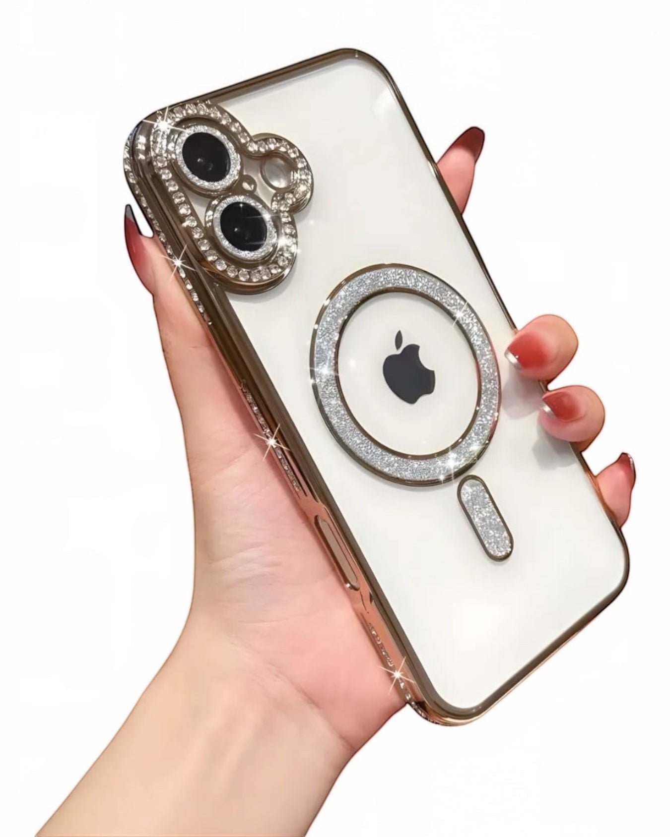 Funda transparente Accesorios DLS con diamantes y MagSafe para iPhone 16 Plus. Marco dorado y protector de cámara con brillos.