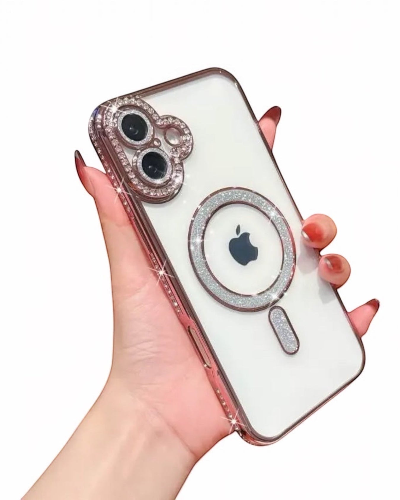 Funda transparente Accesorios DLS con diamantes para iPhone 16 Plus, con aro MagSafe y protector de cámara brillante.