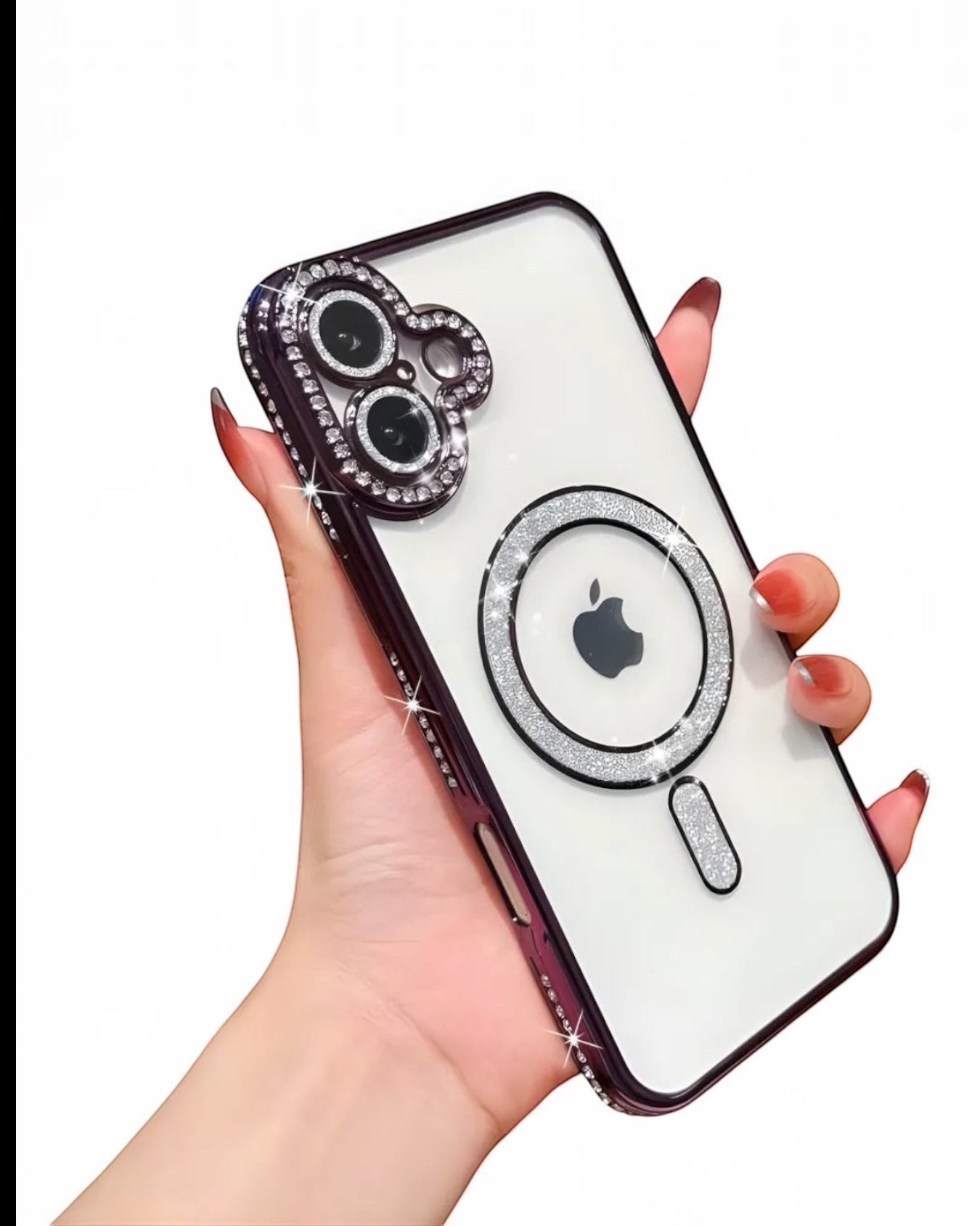Funda transparente Accesorios DLS con diamantes y MagSafe para iPhone 16 Plus. Borde plateado brillante.