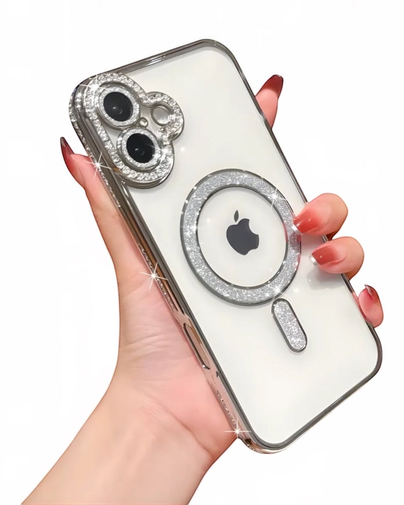 Funda transparente Accesorios DLS con diamantes y MagSafe para iPhone 16 Plus. Protección de cámaras y aro MagSafe con brillos.