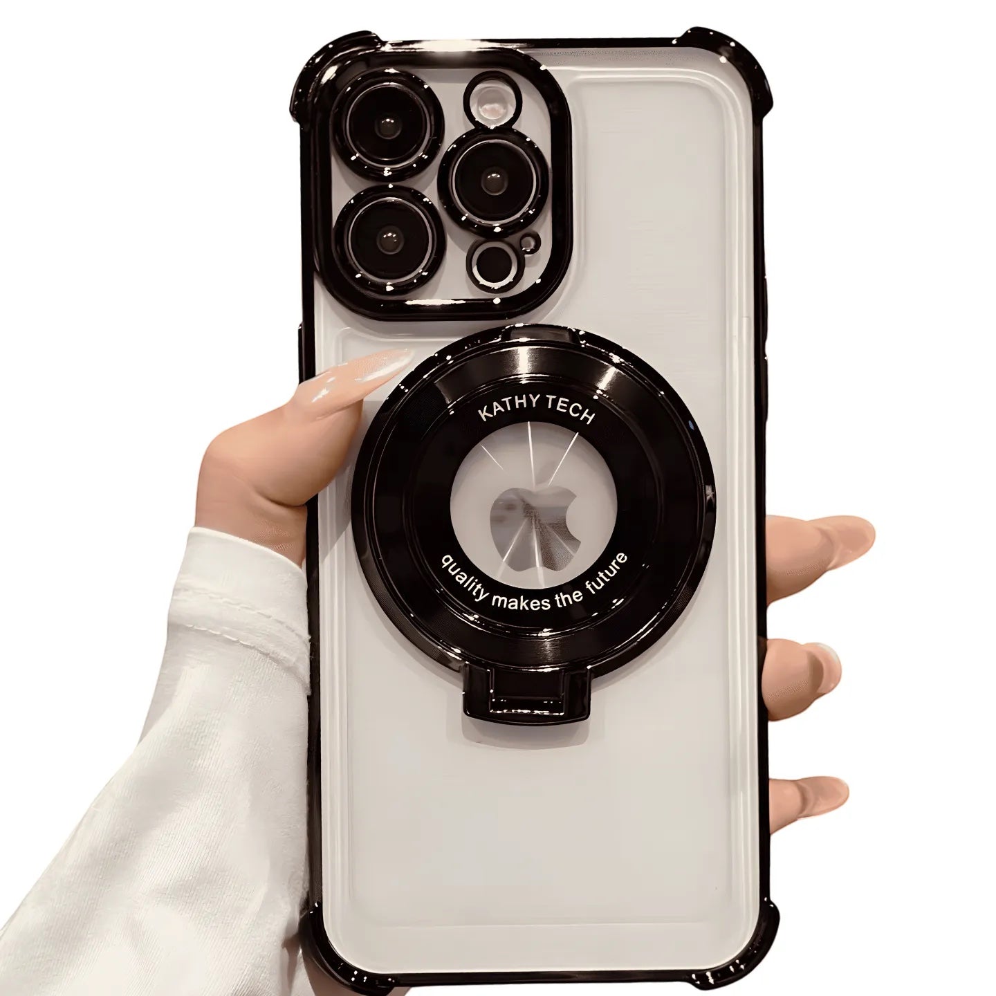 Funda Accesorios DLS para iPhone 16 Pro Max transparente con bordes negros, soporte MagSafe y protector de cámara