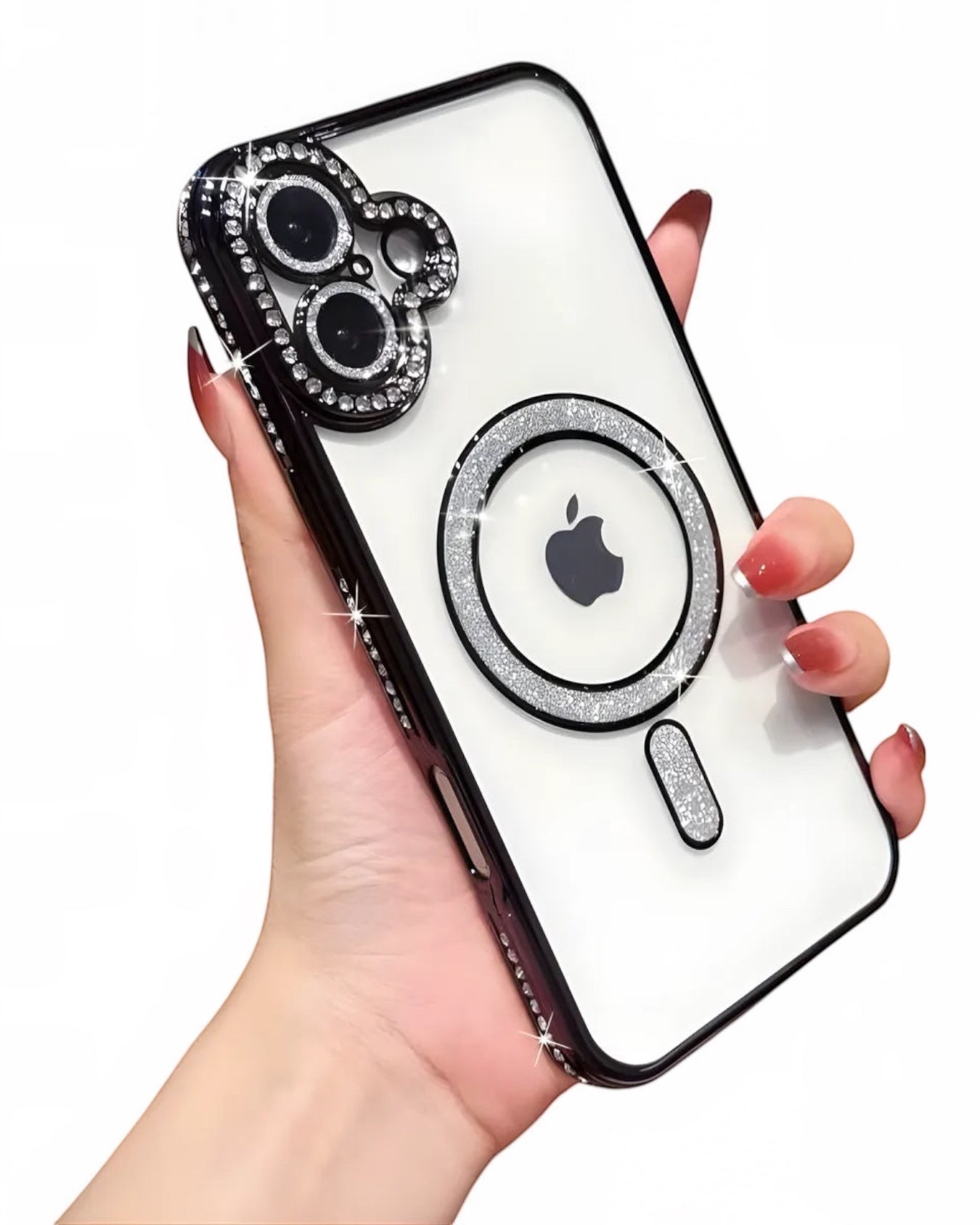 Funda transparente Accesorios DLS con diamantes para iPhone 16, con MagSafe y protector de cámara brillante.