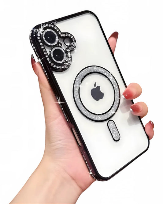 Funda transparente Accesorios DLS con diamantes para iPhone 16, con MagSafe y protector de cámara brillante.