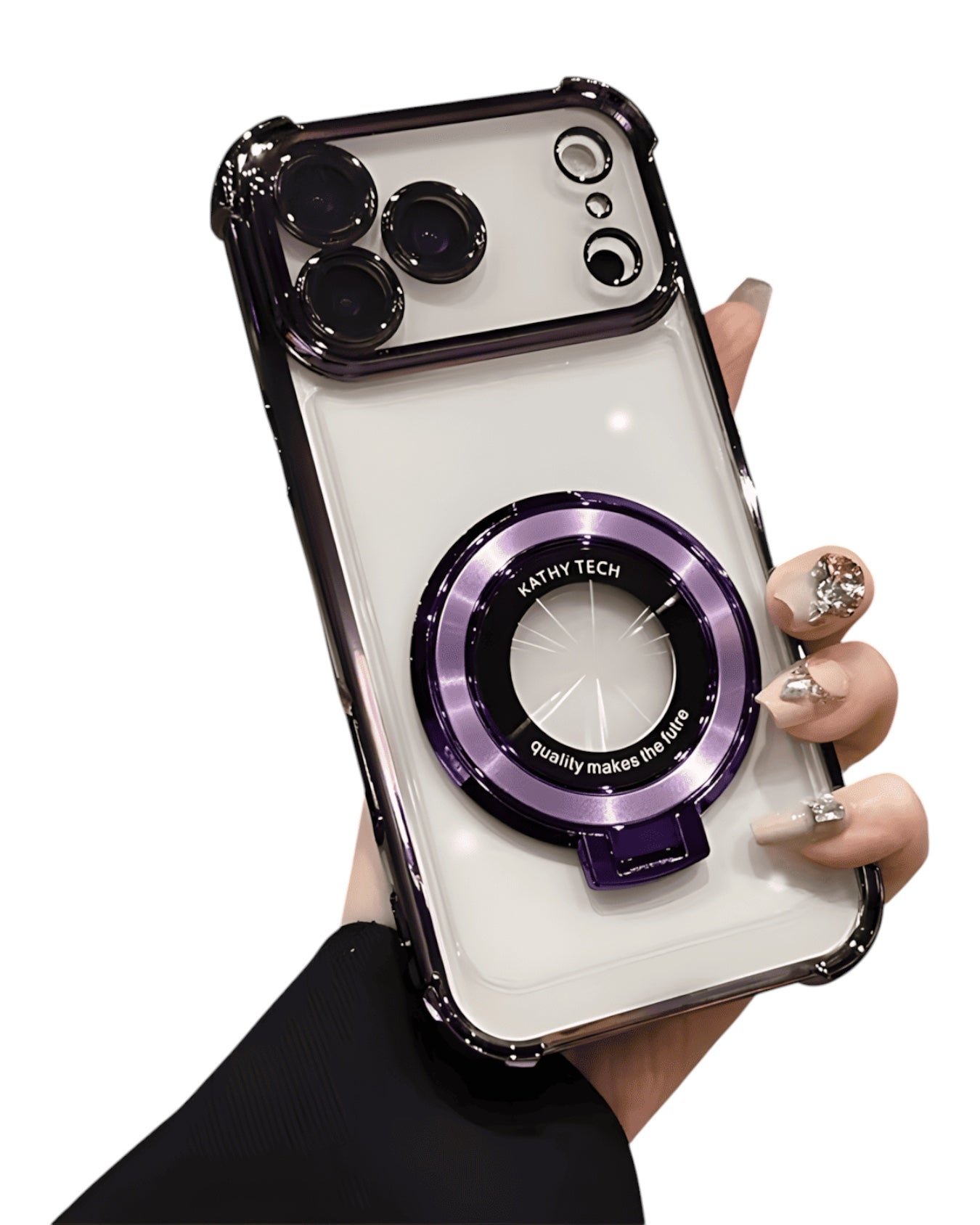 Funda Accesorios DLS para iPhone 17 Pro Max transparente con borde morado, soporte MagSafe y protección de cámara