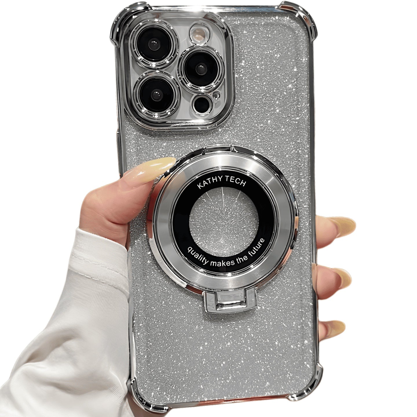 Funda Accesorios DLS para iPhone 12 Pro Max plateada con brillos, anillo MagSafe y protección de cámara reforzada