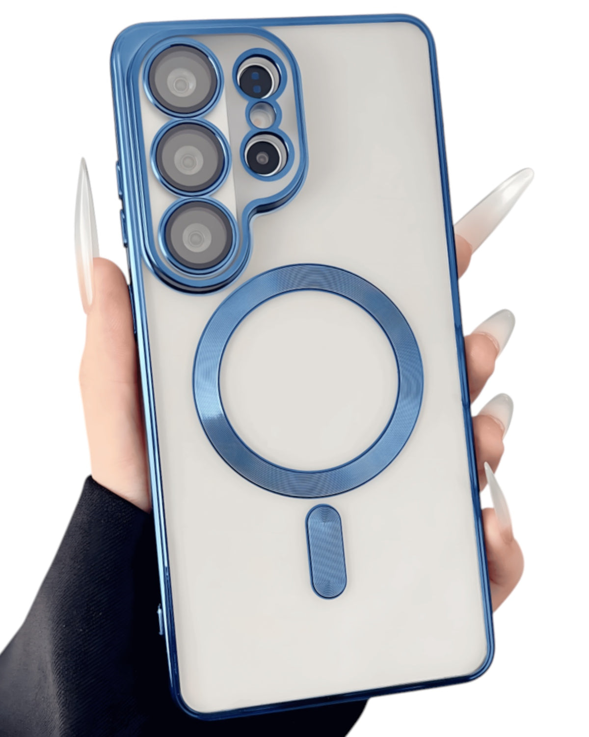 Funda Accesorios DLS transparente con MagSafe azul metálico y protector de cámara para Samsung S26 Ultra