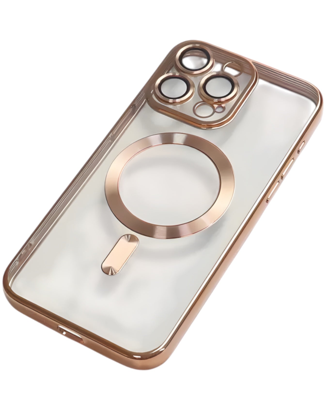 Funda Accesorios DLS transparente para iPhone 16 Pro Max con aro MagSafe dorado y protector de cámara integrado