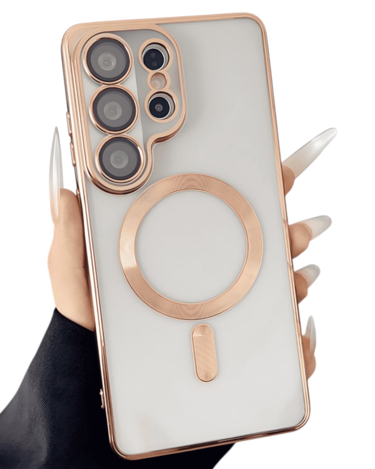 Funda Accesorios DLS transparente con aro MagSafe dorado y protector de cámara para Samsung S26 Ultra