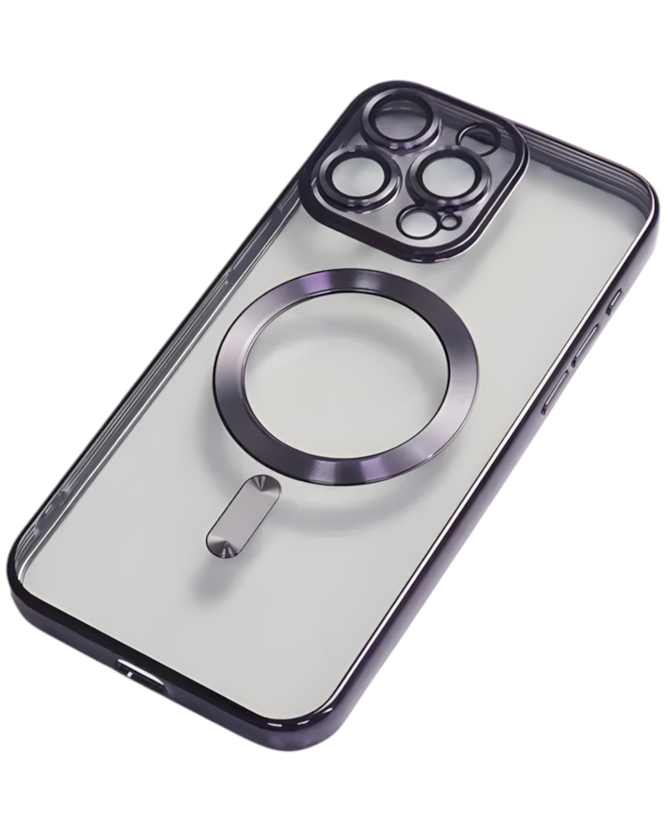 Funda Accesorios DLS MagSafe transparente para iPhone 16 Pro Max en color morado con protector de cámara integrado