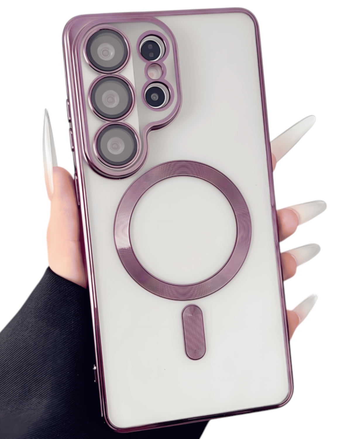 Funda Accesorios DLS MagSafe morada para Samsung S26 Ultra con protector de cámara y acabado metálico