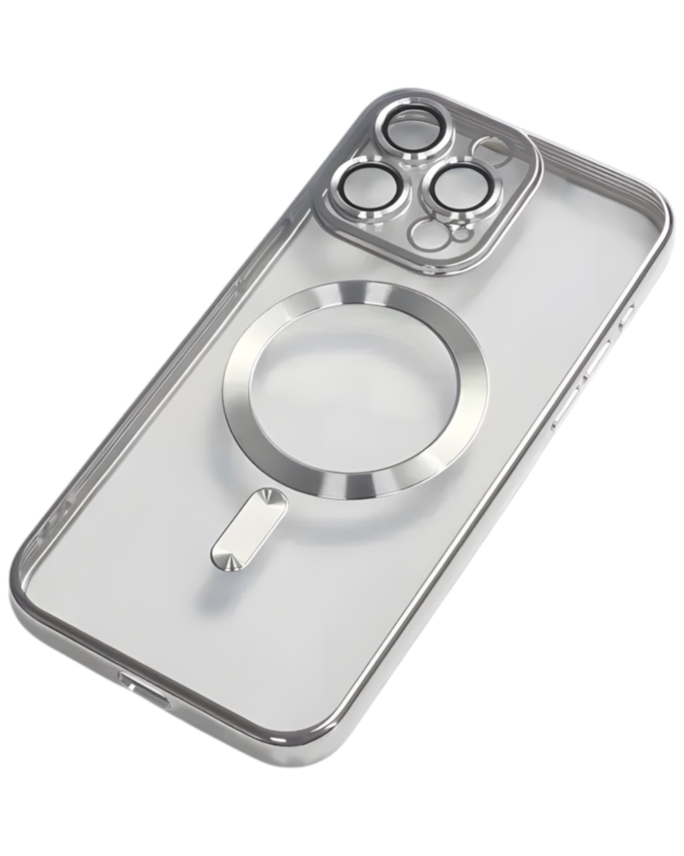 Funda transparente Accesorios DLS para iPhone 16 Pro Max con aro MagSafe plateado y protector de cámara integrado