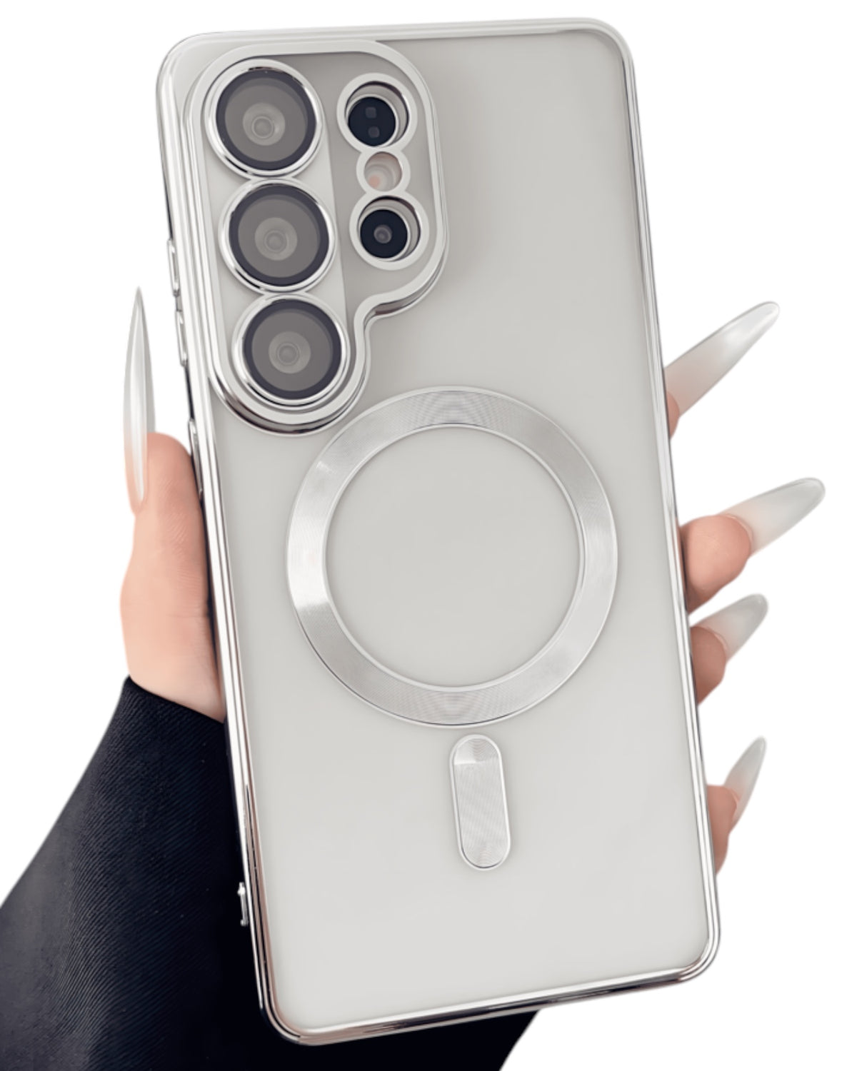 Funda transparente Accesorios DLS para Samsung S26 Ultra con aro MagSafe plateado y protector de cámara integrado