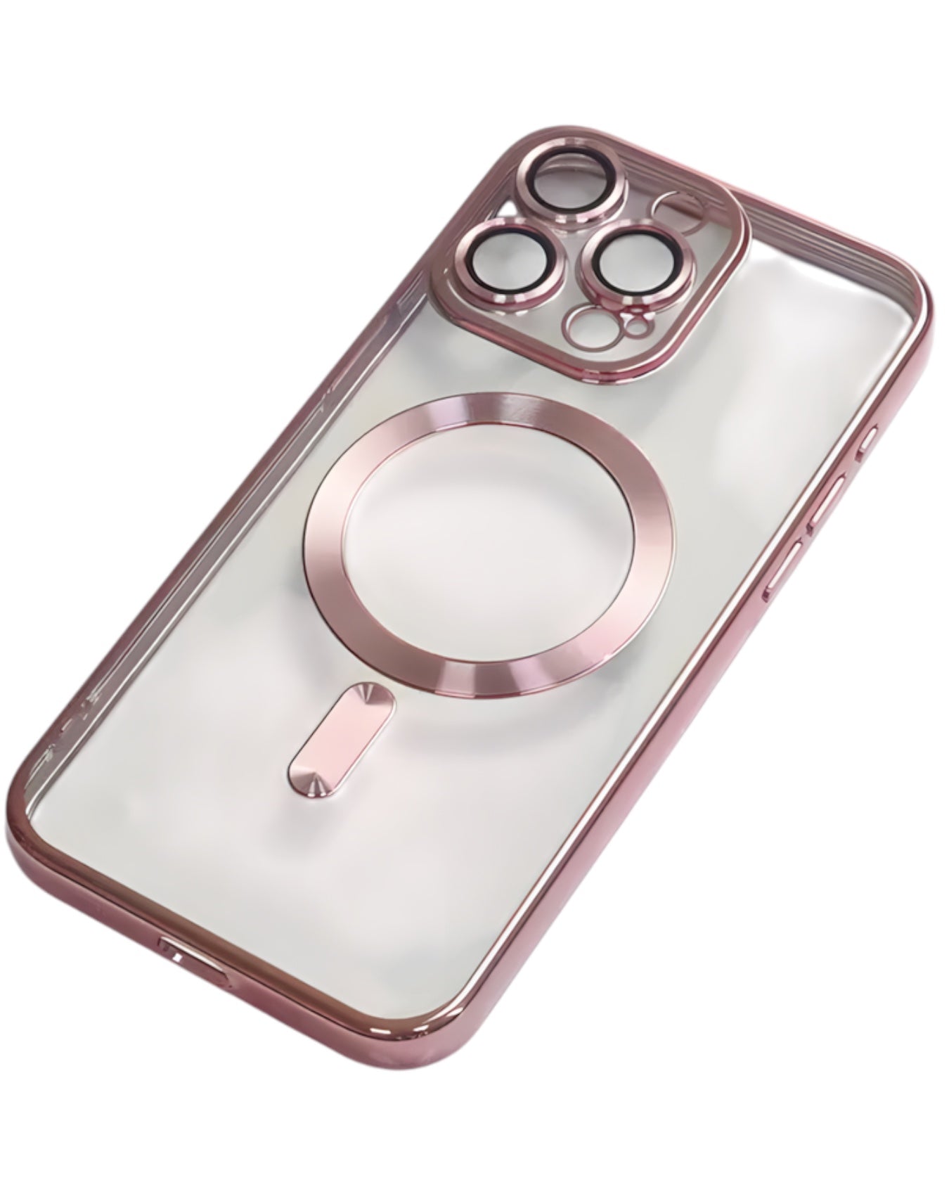 Funda Accesorios DLS MagSafe transparente para iPhone 16 Pro Max en color rosado con protector de cámara metálico