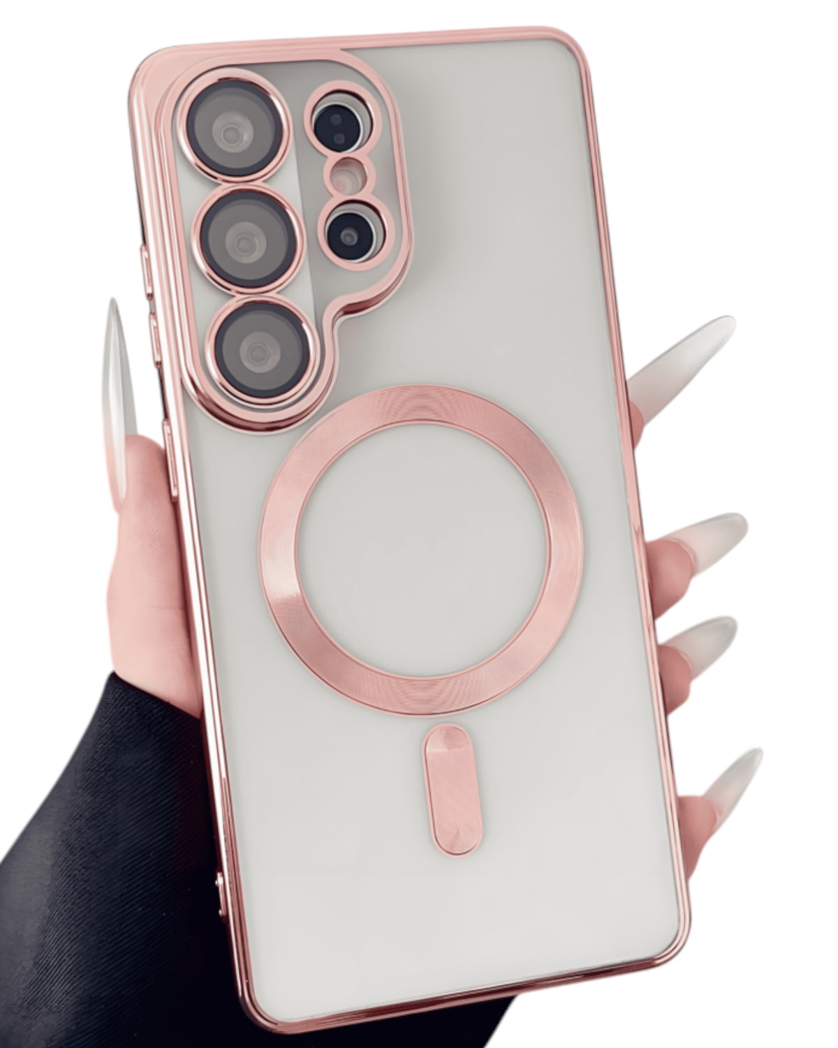 Funda Accesorios DLS MagSafe transparente para Samsung S26 Ultra en color rosado con protector de cámara integrado
