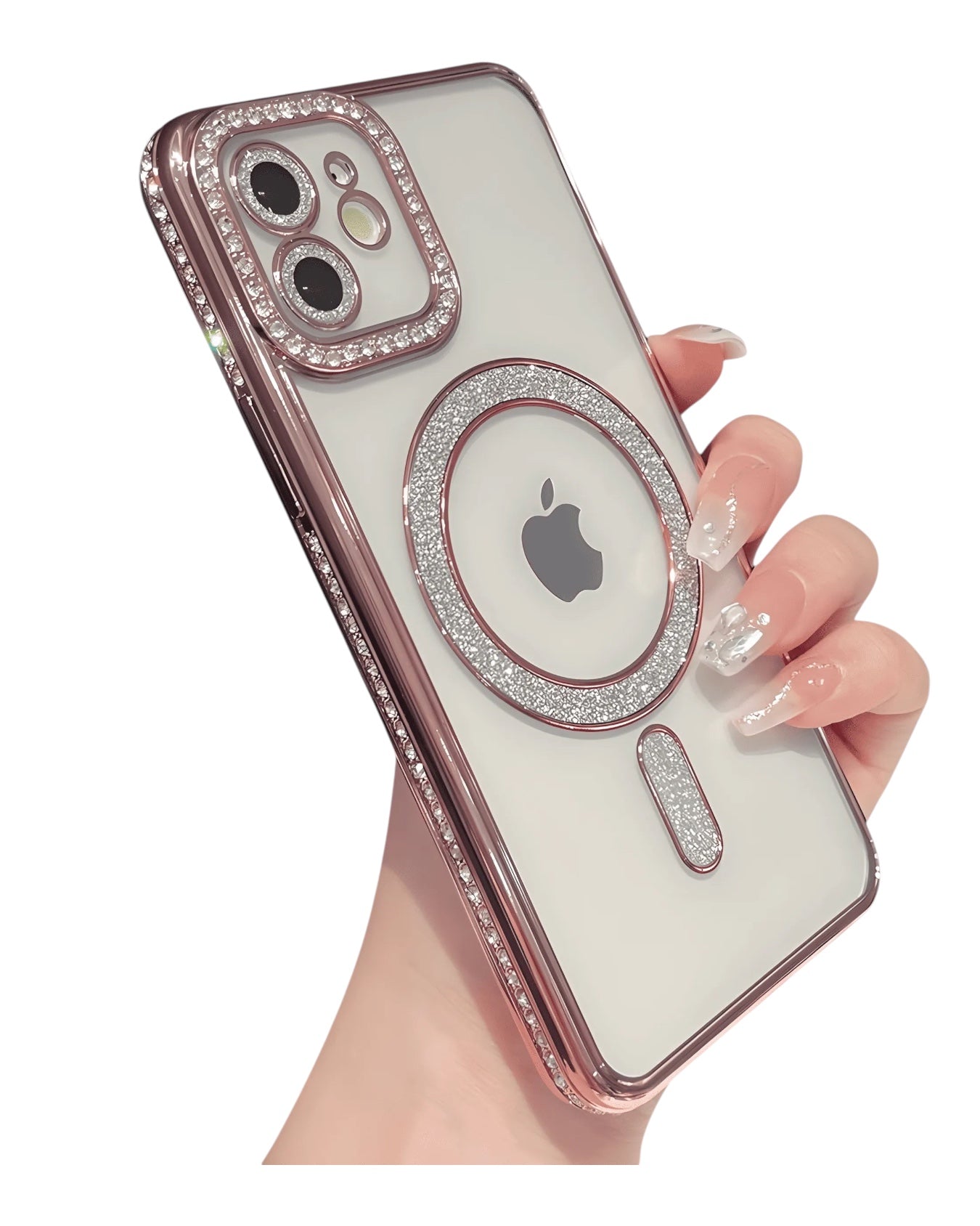 Funda transparente Accesorios DLSH con diamantes y MagSafe para iPhone 11, borde rosado, protector de cámaras y aro MagSafe con brillos.