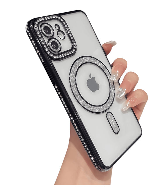 Funda transparente Accesorios DLSH con diamantes y MagSafe para iPhone 11. Bordes negros y plateados con brillos.