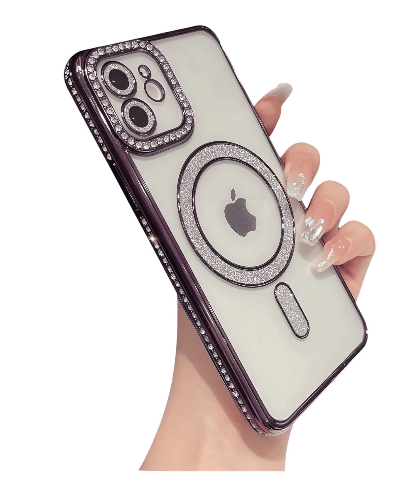 Funda transparente Accesorios DLSH con diamantes y MagSafe para iPhone 11. Aro plateado brillante.