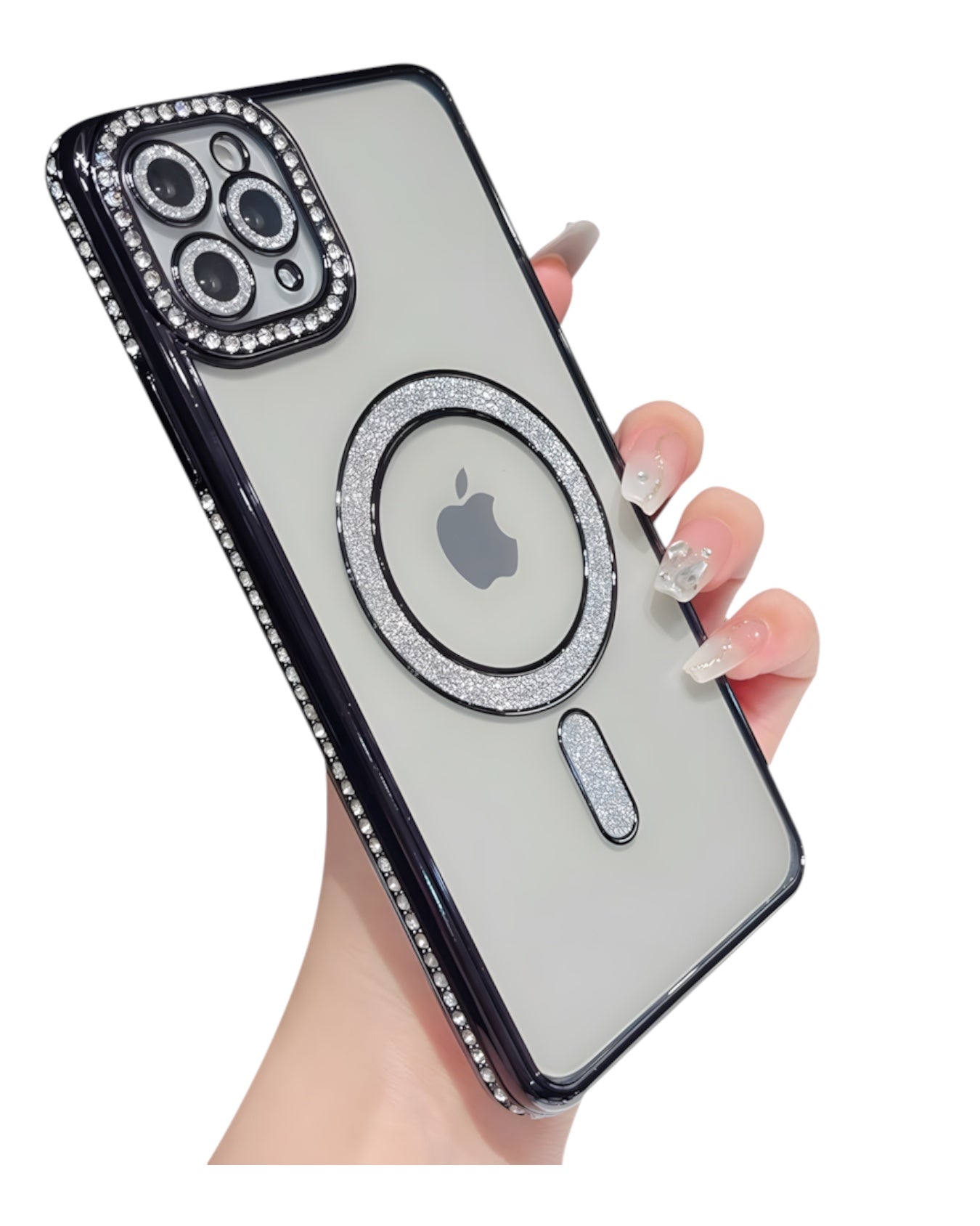 Funda transparente Accesorios DLSH con diamantes para iPhone 11 Pro Max, aro MagSafe y protector de cámara brillante.