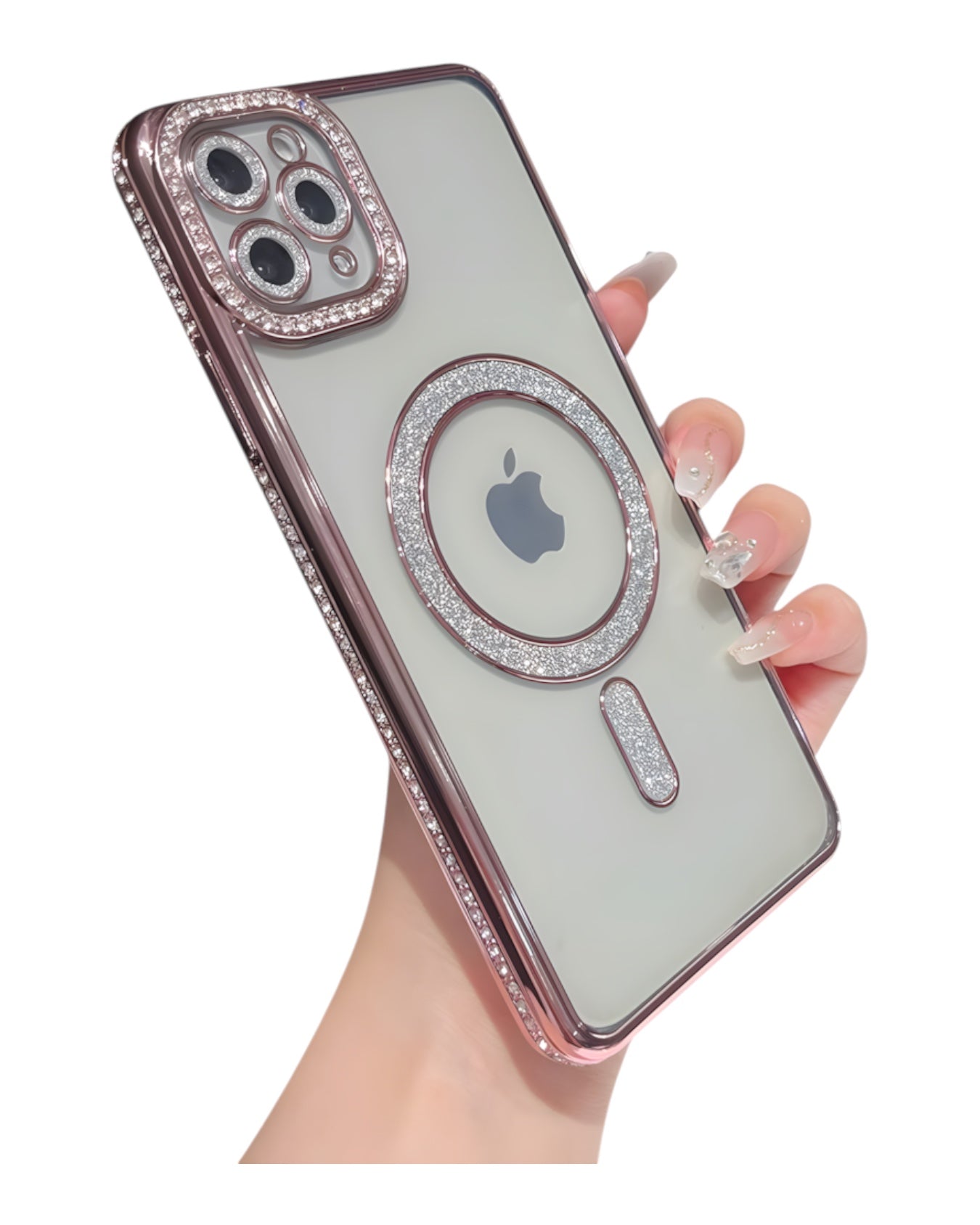 Funda transparente Accesorios DLSH con diamantes y MagSafe para iPhone 11 Pro Max, borde rosa dorado, protector de cámara brillante.