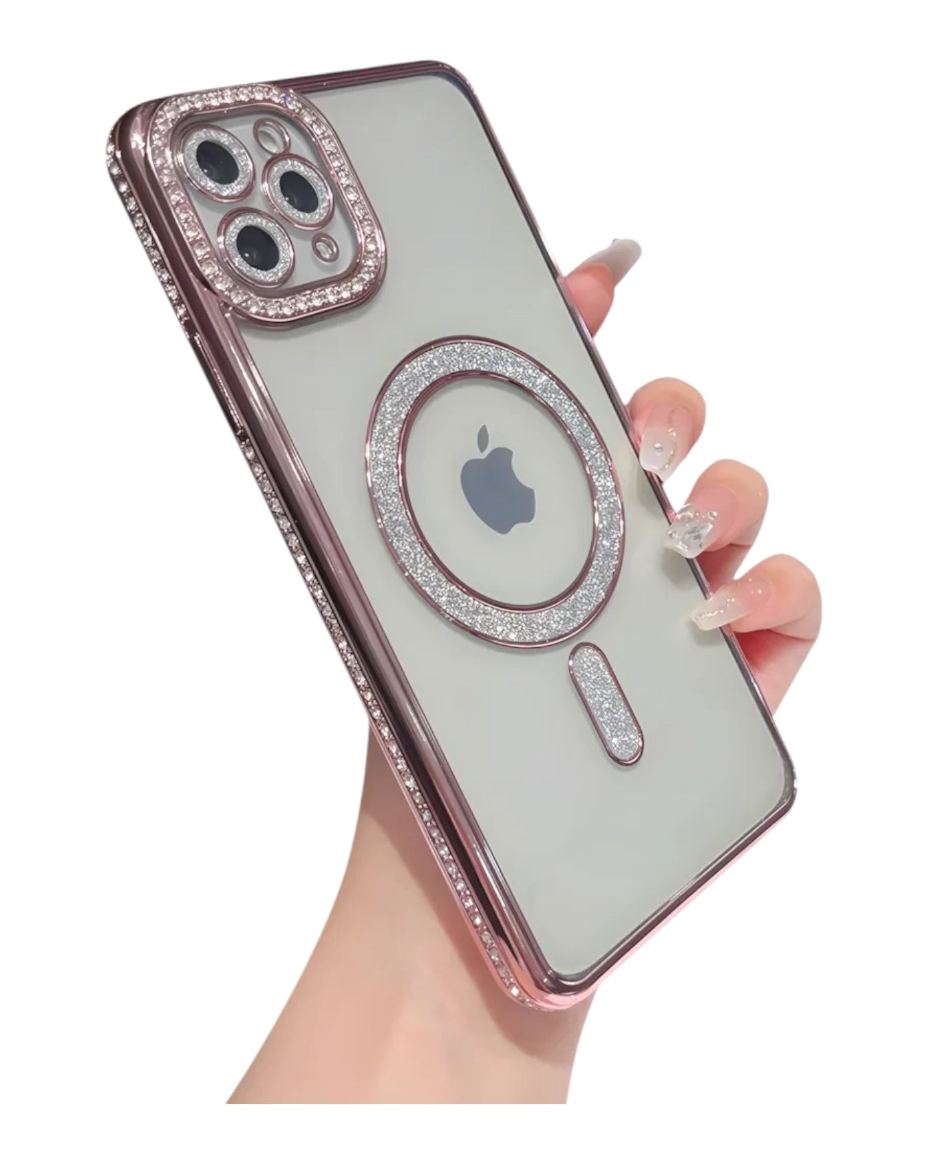 Funda transparente Accesorios DLSH con diamantes y MagSafe para iPhone 12 Pro Max. Aro plateado brillante.
