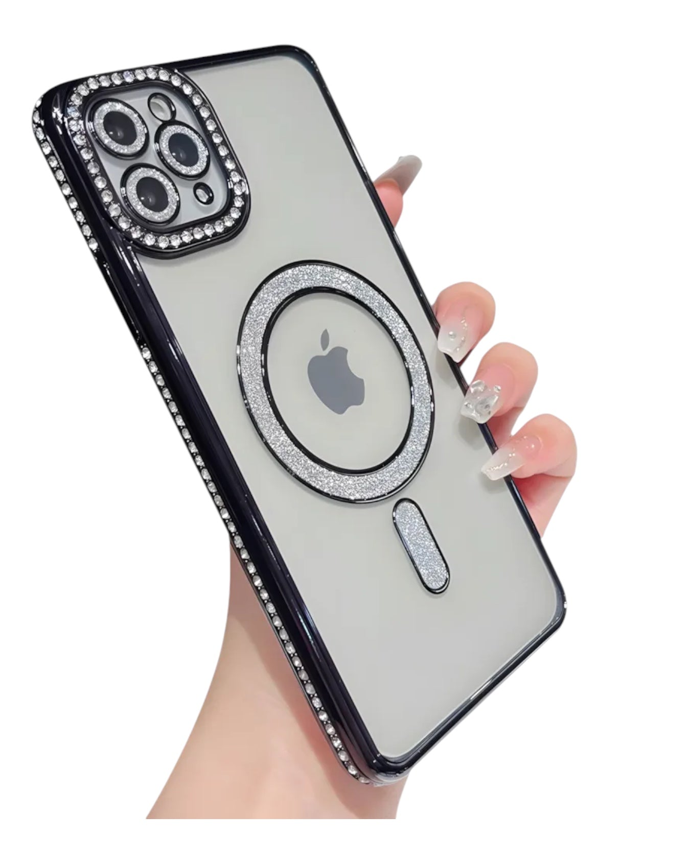 Funda transparente Accesorios DLSH con diamantes y MagSafe para iPhone 12 Pro Max. Protección de cámaras y aro MagSafe con brillos.
