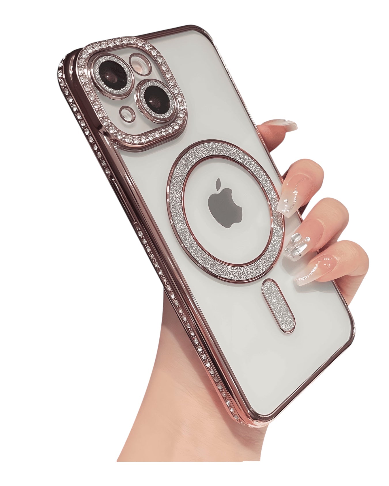 Funda transparente Accesorios DLSH con diamantes y MagSafe para iPhone 13, borde plateado y protector de cámara brillante.