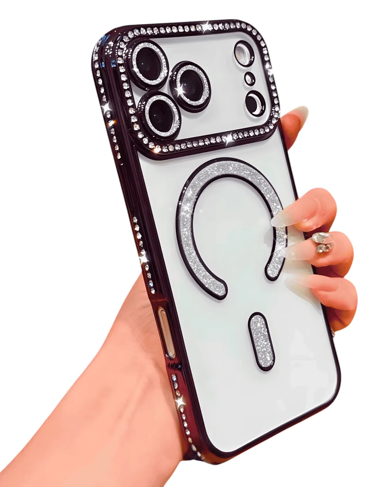 Funda transparente Accesorios DLSH con diamantes y MagSafe para iPhone 17 Pro Max. Protección de cámaras y aro MagSafe con brillos.