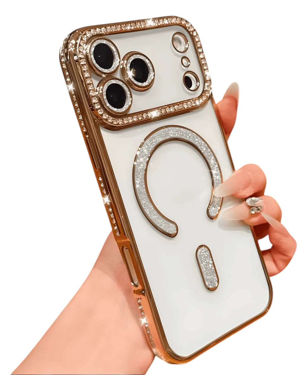 Funda transparente Accesorios DLSH con diamantes y MagSafe para iPhone 17 Pro Max. Borde dorado y detalles brillantes.
