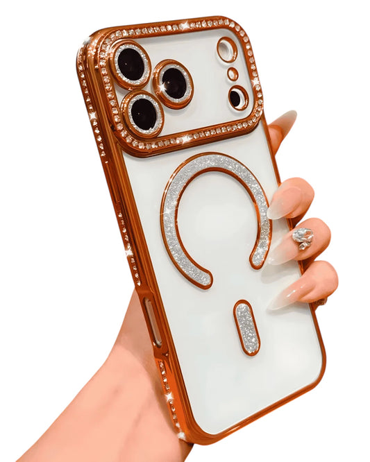 Funda transparente Accesorios DLSH con diamantes y MagSafe para iPhone 17 Pro Max, borde dorado, protector de cámara brillante.