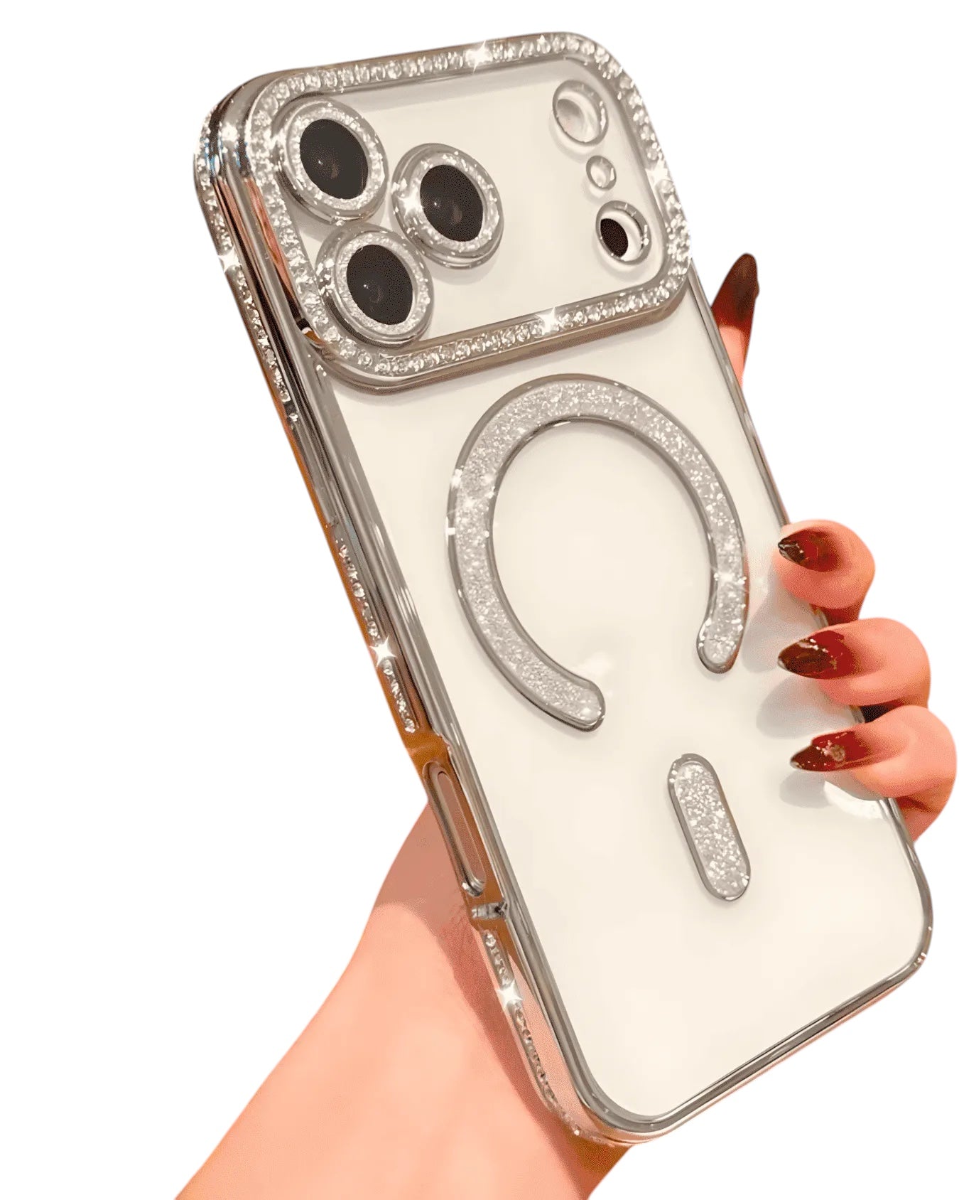 Funda transparente Accesorios DLSH con diamantes y MagSafe para iPhone 17 Pro Max. Protector de cámaras y aro MagSafe con brillos.