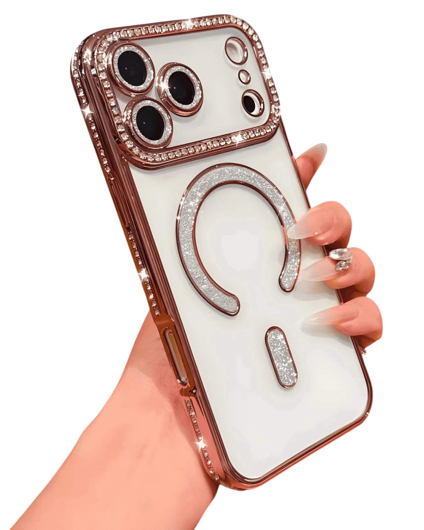 Funda transparente Accesorios DLSH con diamantes y MagSafe para iPhone 17 Pro Max, borde plateado brillante.